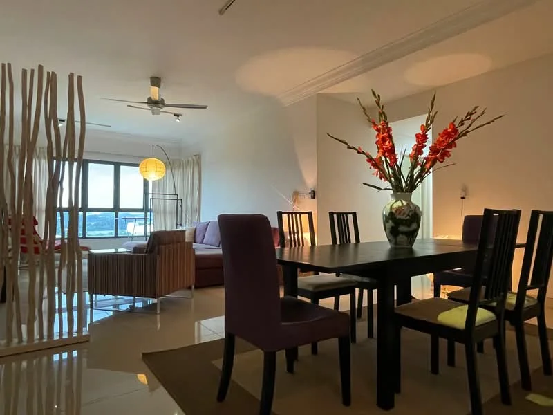 Dining features: dark wooden dining table, 8 dining chairs in various colors, decorative vase with flowers, recessed ceiling lights, polished tile flooring, floor-to-ceiling windows, sheer curtains, open layout to living area; style: modern; view: city. Living features: 3-seater fabric sofa in light color, accent chair, coffee table, floor lamp, decorative wall partition, ceiling fan, wall-mounted artwork; style: modern; view: city.