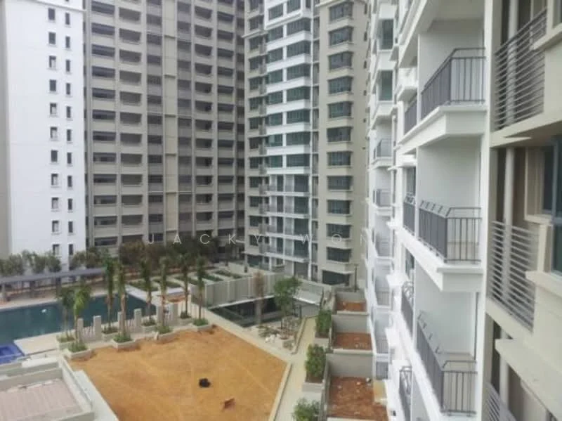 Exterior type: high-rise condominium; features: swimming pool, pool deck with loungers, landscaped garden, manicured lawn, palm trees, multiple balconies, glass curtain wall, concrete facade, surrounded by greenery; style: modern.