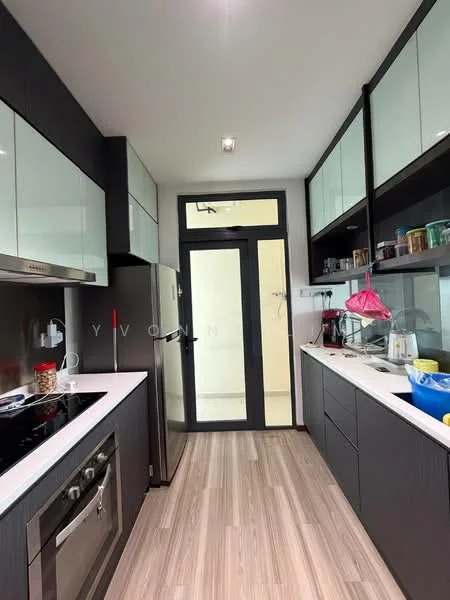 Kitchen features: black cabinetry with glass fronts, white quartz countertop, stainless-steel built-in oven, stainless-steel gas hob, stainless-steel range hood, stainless-steel fridge, single-bowl stainless-steel sink, chrome pull-down faucet, tile backsplash, wood laminate flooring, recessed downlights, floor-to-ceiling windows, open shelving, kitchen appliances visible; style: modern.