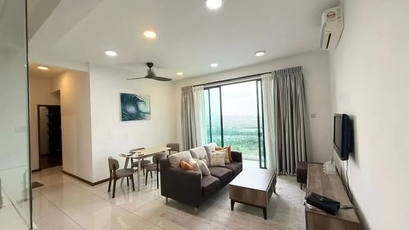 Living features: 3-seater fabric sofa in brown, coffee table in wood, TV console, wall-mounted TV, area rug, dining table for 4, 4 dining chairs, floor-to-ceiling windows, curtains, 5-blade ceiling fan with light, wall-mounted split AC, white painted walls, tile flooring; style: modern; view: city.