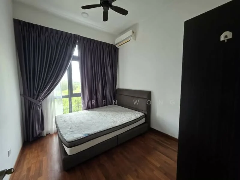 Bedroom features: queen-size bed, upholstered headboard, dark wood flooring, floor-to-ceiling window, grey curtains, wall-mounted split AC, ceiling fan, built-in wardrobe, decorative wall, neutral wall colour; style: modern; view: garden.