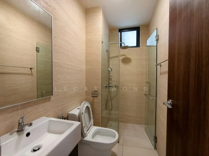 Bathroom features: single-sink vanity with chrome faucet, toilet, walk-in shower with glass enclosure, rain shower head, wall-mounted mirror, light beige tiled walls, white tiled flooring, window for natural light, towel rack; style: modern.