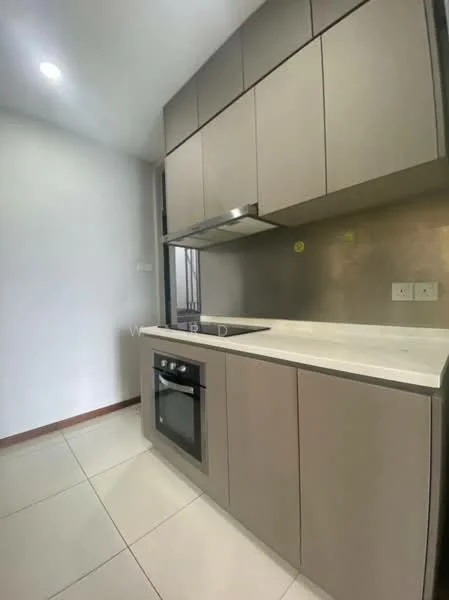 Kitchen features: grey cabinetry, white countertop, built-in oven, stainless-steel range hood, ceramic tile flooring, wall-mounted cabinets, single-bowl stainless-steel sink, chrome pull-down faucet, backlit wall, recessed downlights; style: modern.