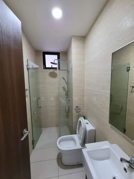 Bathroom features: glass shower enclosure, rain shower head, handheld shower, white ceramic toilet, single-sink vanity with white cabinet, chrome basin mixer, framed mirror, light-colored wall tiles, white floor tiles, recessed downlights; style: modern.