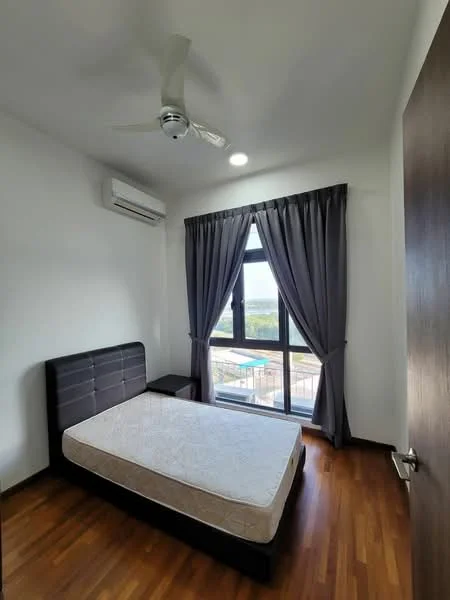 Bedroom features: queen-size bed, upholstered headboard, wood flooring, floor-to-ceiling window, grey curtains, 1 wall-mounted split AC, ceiling fan, nightstand, natural light, view of outdoor space; style: modern; view: garden.