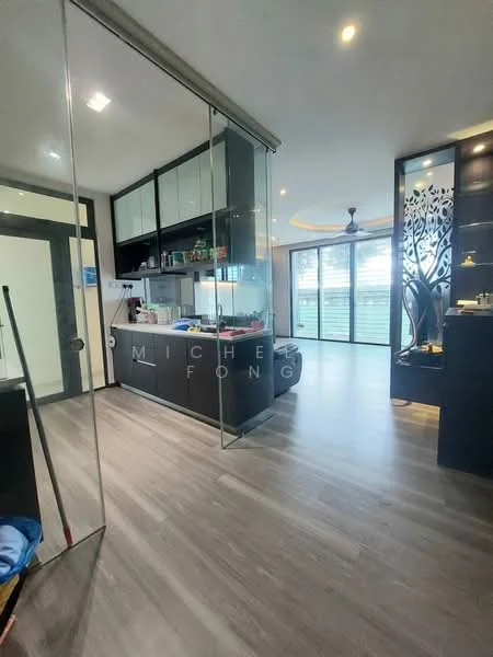 Kitchen features: black cabinetry, glass-front upper cabinets, marble countertop, stainless-steel sink, chrome pull-down faucet, built-in appliances, open shelving, recessed downlights, wooden flooring, sliding glass door, floor-to-ceiling windows; style: modern; view: garden. Living features: ceiling fan, wooden flooring, decorative wall with tree design, recessed lighting, open layout; style: modern; view: garden.