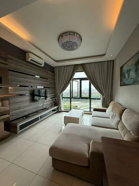Living features: cream fabric sectional sofa, wooden coffee table, wall-mounted TV, TV console with storage, decorative wall paneling, chandelier with crystals, recessed ceiling lights, floor-to-ceiling windows, sheer curtains, marble tile flooring, air conditioning unit; style: modern; view: city.