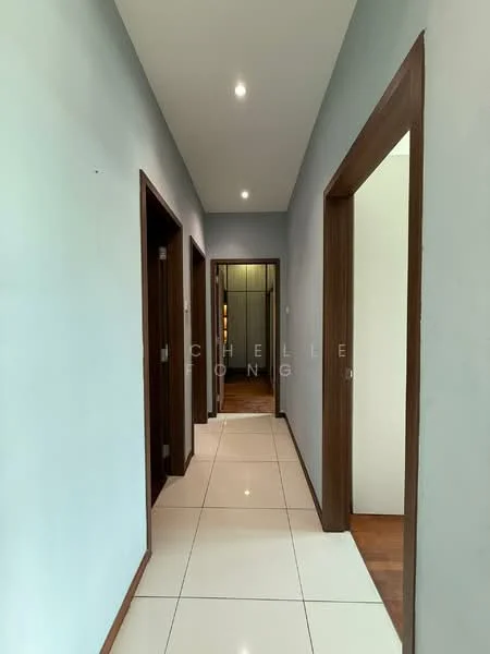 Hallway features: white painted walls, recessed downlights, glossy ceramic tile flooring, wooden door frames, multiple doorways, neutral color scheme, straight corridor layout; style: modern.