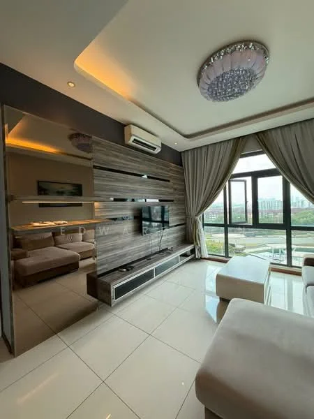 Living features: white tiled flooring, grey accent wall, wood panel feature wall, floor-to-ceiling windows, sheer curtains, chandelier, recessed downlights, wall-mounted TV, TV console, sofa, coffee table, air conditioning unit; style: modern; view: city.