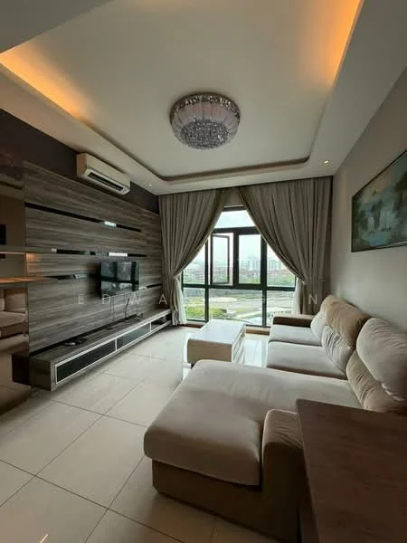 Living features: cream fabric sectional sofa, wooden coffee table, wall-mounted TV, floating TV console, recessed ceiling lights, chandelier, floor-to-ceiling windows, curtains, light-colored tiled flooring, wood panel accent wall, air conditioning unit; style: modern; view: city.