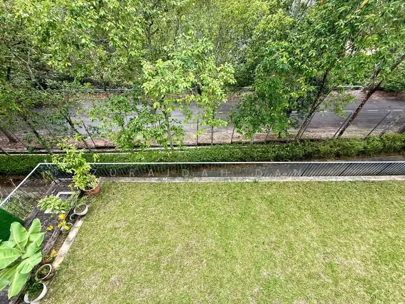 Exterior type: landscape garden; features: manicured lawn, paved walkway, flower pots, surrounding greenery, fence, road view; style: modern.