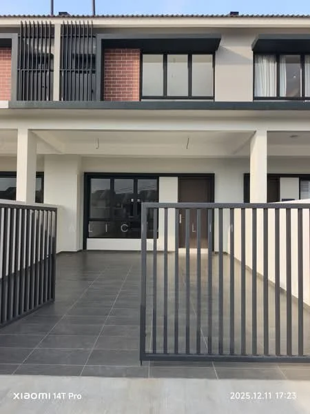 Exterior type: linked terrace house; features: grey tiled flooring, black metal railing, large glass windows, brick accent wall, white painted facade, flat roof, main entrance door, covered porch area; style: modern.