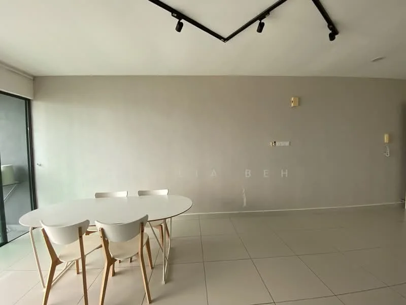 Dining features: round dining table, 4 white dining chairs, white walls, tile flooring, track lighting, floor-to-ceiling windows, sliding glass door, grey accent wall; style: modern.