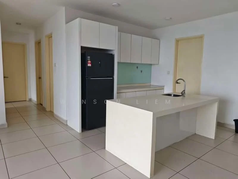 Kitchen features: white cabinetry with flat-panel doors, black refrigerator, single-bowl stainless-steel sink, chrome pull-down faucet, white countertop, tile flooring, green backsplash, wall-mounted cabinets, open layout, neutral wall color, doorway leading to hallway; style: modern. Room features: doorway leading to other rooms.