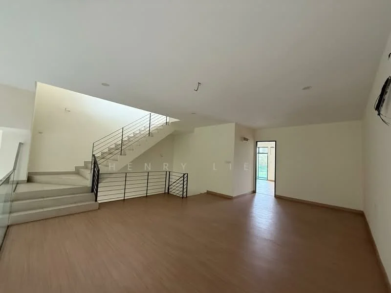 Room features: light wood flooring, white painted walls, recessed downlights, staircase with metal railing, large windows, door leading to outdoor space, open layout, high ceiling; style: modern.