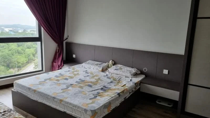 Bedroom features: king-size bed with patterned bedding, upholstered headboard, bedside table with drawer, floor-to-ceiling window, curtains in burgundy, wooden flooring, decorative wall with light color, soft toys on bed; style: modern; view: garden.