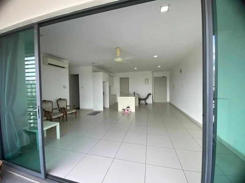 Living features: large glass sliding door, floor-to-ceiling windows, white painted walls, tile flooring, 5-blade ceiling fan, recessed downlights, air conditioning unit, open layout, neutral decor, seating area with armchairs, small coffee table; style: modern; view: city.