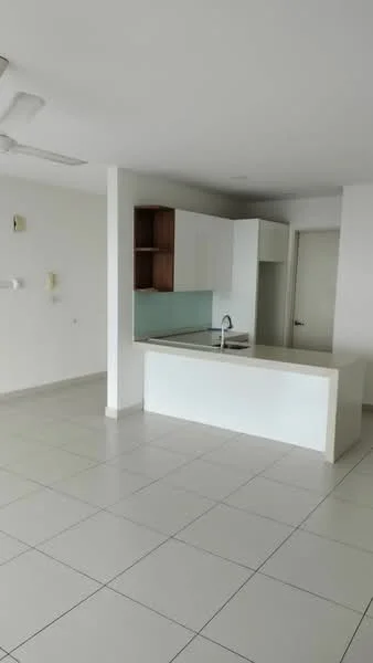 Kitchen features: white cabinetry, wooden upper cabinets, light blue glass backsplash, white countertop, single-bowl stainless-steel sink, chrome pull-down faucet, open layout, tile flooring, ceiling fan, recessed downlights; style: modern. Room features: white painted walls, tile flooring, open space, natural light.