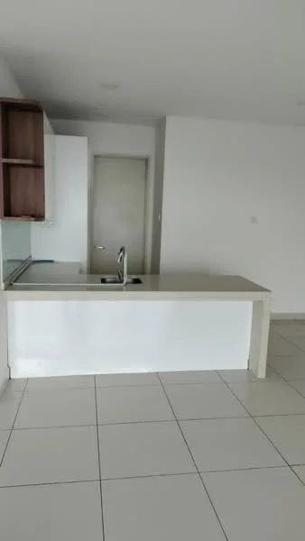 Kitchen features: white cabinetry, wood upper cabinets, white countertop, single-bowl stainless-steel sink, chrome pull-down faucet, ceramic tile flooring, white painted walls, recessed downlights; style: modern.