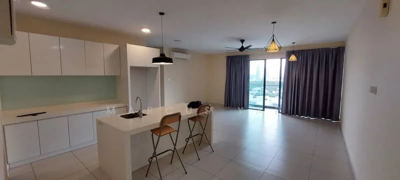 Kitchen features: white cabinetry, single-bowl stainless-steel sink, chrome pull-down faucet, white countertop, built-in oven, 4-burner gas hob, refrigerator, open shelving; style: modern. Living features: floor-to-ceiling windows, sliding glass door, grey curtains, ceiling fan, pendant light, tile flooring, wall-mounted air conditioning unit, dining table with stools; style: modern; view: city.