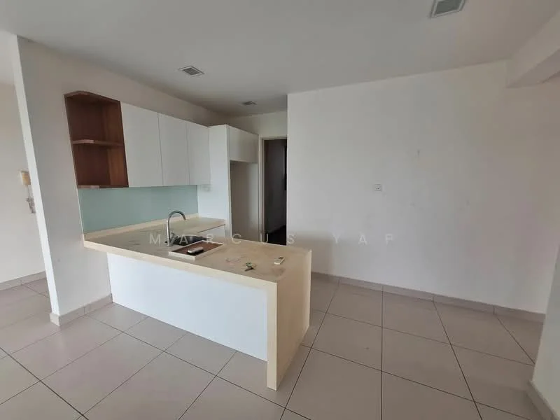 Kitchen features: white cabinetry, light wood countertop, single-bowl stainless-steel sink, chrome pull-down faucet, glass backsplash, built-in oven, 4-burner gas hob, tile flooring, recessed downlights, open layout; style: modern.