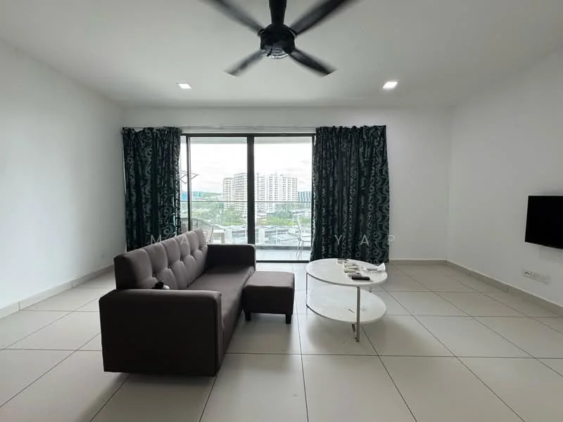Living features: 3-seater fabric sofa in brown, glass coffee table, floor-to-ceiling windows, blackout curtains, white painted walls, tile flooring, ceiling fan with light, wall-mounted TV, decorative wall art; style: modern; view: city.