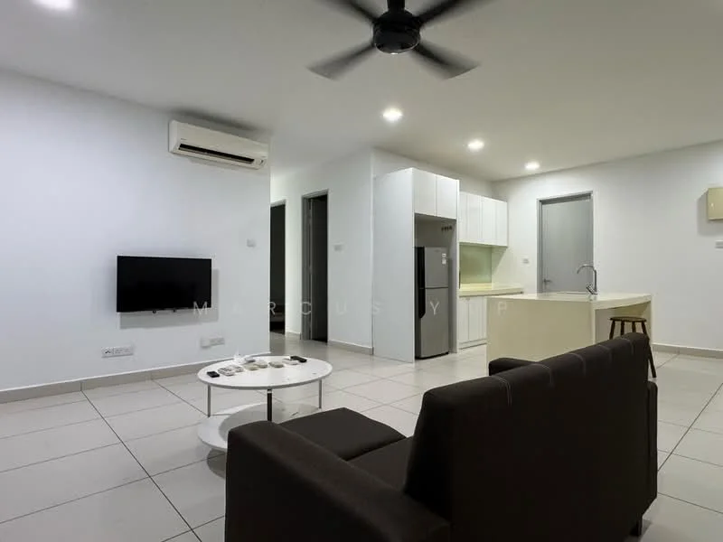 Living features: 3-seater fabric sofa in dark grey, round coffee table, wall-mounted TV, 1 wall-mounted split AC, recessed LED downlights, white painted walls, tile flooring, open-plan layout with kitchen, ceiling fan; style: modern. Kitchen features: white cabinetry, stainless-steel fridge, built-in oven, kitchen island with countertop, sink with faucet, tile backsplash, ceramic tile flooring; style: modern.