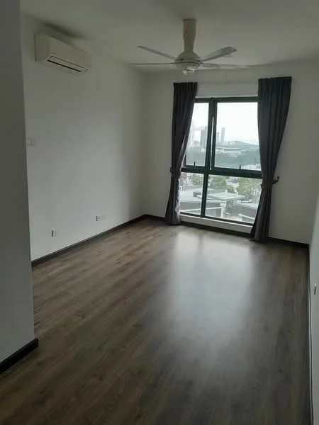 Room features: light wood laminate flooring, white painted walls, floor-to-ceiling window, grey curtains, 1 wall-mounted split AC, ceiling fan, no visible furniture, city view; style: modern; view: city.