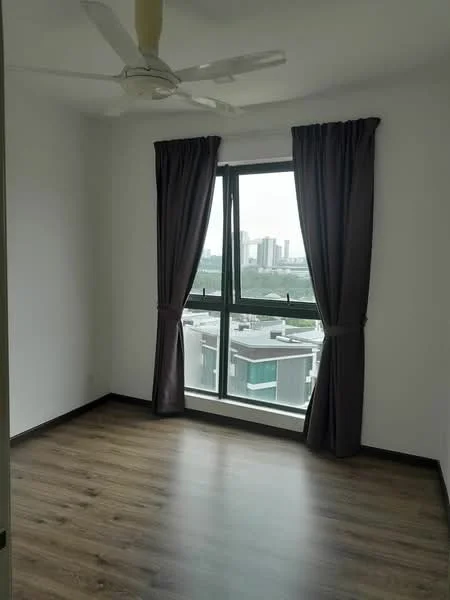 Bedroom features: laminate flooring, white painted walls, 5-blade ceiling fan, floor-to-ceiling window, grey curtains, city view; style: modern; view: city.