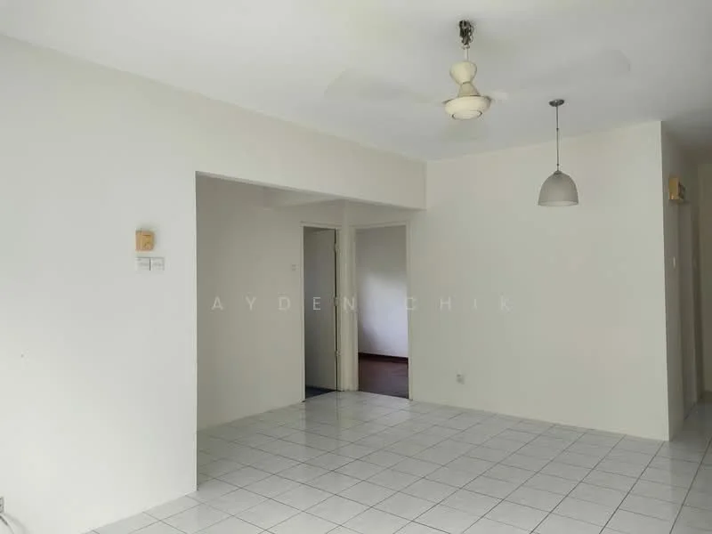 Room features: white painted walls, ceramic tile flooring, ceiling fan, pendant light, doorway leading to another room, neutral color scheme.