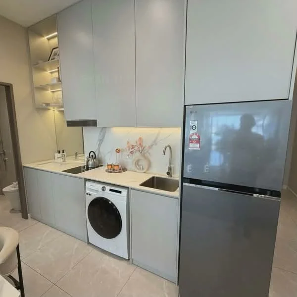 Kitchen features: grey cabinetry, white marble backsplash, single-bowl stainless-steel sink, chrome pull-down faucet, built-in oven, front-load washing machine, stainless-steel fridge, open shelving, tile flooring, recessed downlights; style: modern.