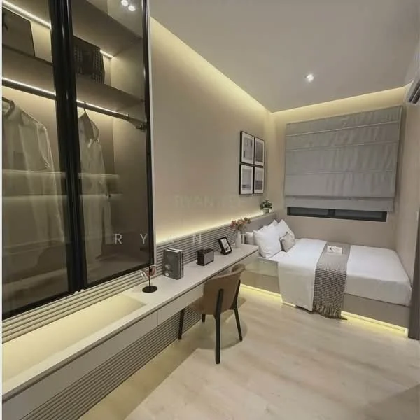 Bedroom features: single bed with white bedding, built-in wardrobe with glass doors, wooden flooring, desk with chair, wall-mounted lighting, window with roller blinds, decorative wall art, neutral painted walls, LED strip lighting, shelf above desk; style: modern.