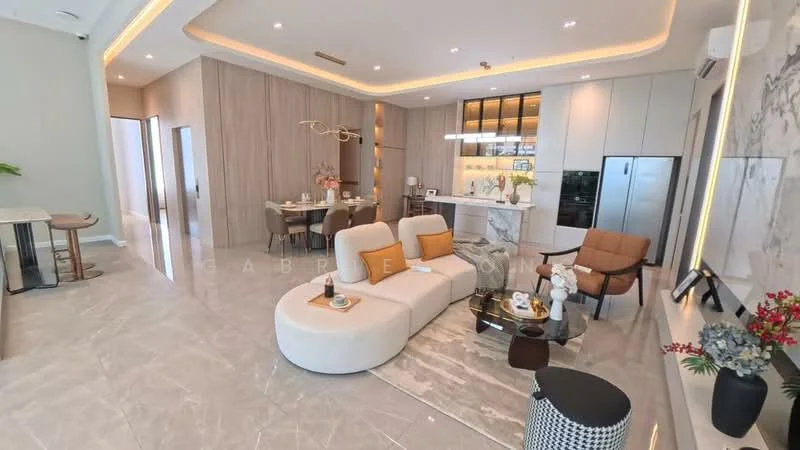 Living features: marble tile flooring, white painted walls, recessed downlights, 5-blade ceiling fan with light, L-shape sectional sofa in cream, coffee table, decorative vases, area rug with geometric pattern, wall-mounted TV, entertainment unit, decorative wall art, potted plants; style: modern. Dining features: 6-seater dining table, upholstered dining chairs, pendant lighting above dining table, decorative centerpiece; style: modern. Kitchen features: white cabinetry, black countertop, built-in oven, stainless-steel fridge, microwave, kitchen island, bar stools; style: modern.