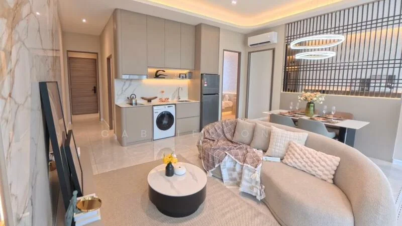 Living features: curved beige fabric sofa, round coffee table, area rug, wall-mounted TV, recessed downlights, ceiling with LED strip lighting, open kitchen with breakfast bar, white cabinetry, black countertop, stainless-steel fridge, built-in washing machine, dining table for four, decorative vase with flowers, wall with decorative paneling; style: modern.