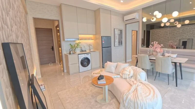 Living features: 3-seater fabric sofa in cream, coffee table with curved design, area rug with geometric pattern, wall-mounted TV, recessed downlights, pendant lighting, decorative mirror, framed artwork, floor-to-ceiling windows, white painted walls, marble tile flooring, built-in cabinetry, dining table for 4 with upholstered chairs, washing machine in cabinetry, refrigerator in stainless steel; style: modern. Room features: open layout, neutral color palette, decorative plants.