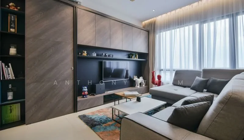 Living features: grey fabric sectional sofa, coffee table with black top, TV console with built-in storage, wall-mounted TV, floor-to-ceiling windows with sheer curtains, decorative shelving unit, area rug with geometric pattern, decorative items on shelves; style: modern.