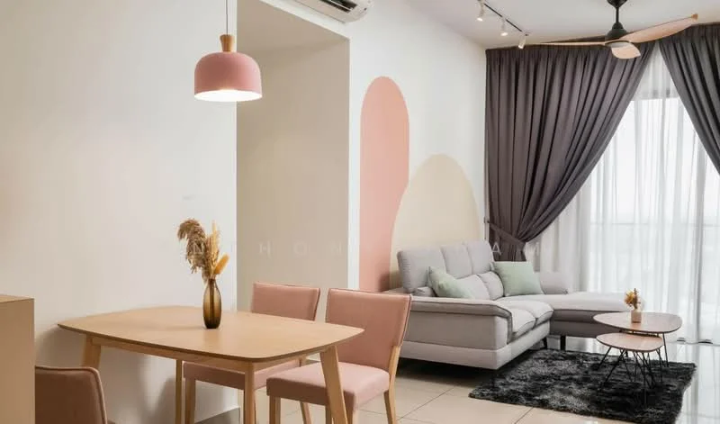 Living features: grey sectional sofa, light pink dining table, 4 pink upholstered dining chairs, black area rug, floor-to-ceiling windows, sheer curtains, dark grey curtain, pendant light with pink shade, ceiling fan with light, decorative vase with dried flowers, accent wall with pastel shapes; style: modern; view: city.