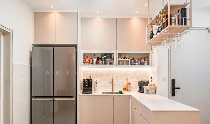 Kitchen features: stainless-steel fridge, built-in coffee machine, white cabinetry, marble countertop, single-bowl stainless-steel sink, chrome pull-down faucet, glass backsplash, recessed LED downlights, open shelving, hanging rack for utensils, kitchen island, bar stools; style: modern.