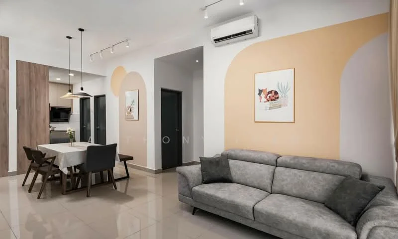 Living features: grey fabric sofa, recessed downlights, wall-mounted split AC, cream painted walls, accent wall with orange shape, glossy tile flooring, decorative artwork, curtains, coffee table, dining table with chairs; style: modern.