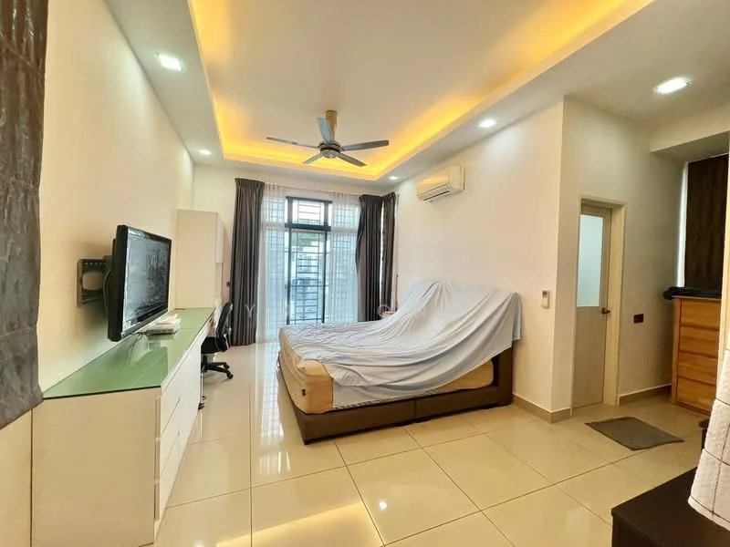 Bedroom features: king-size bed with bedding, white painted walls, cream tiled flooring, recessed ceiling lights, 5-blade ceiling fan, floor-to-ceiling windows, sheer curtains, built-in wardrobe, TV console, wall-mounted TV, desk with chair, air conditioning unit; style: modern.