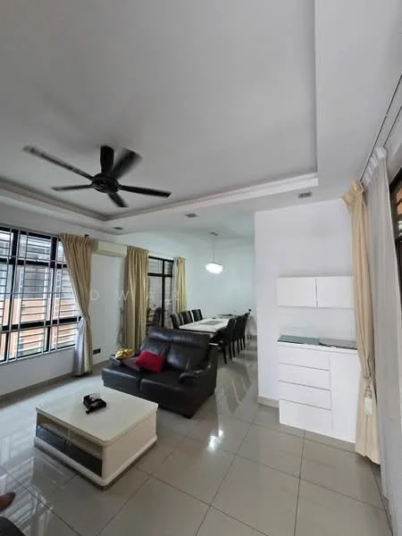 Living features: 5-blade ceiling fan with light, white painted walls, glossy ceramic tile flooring, large windows with sheer curtains, black leather sofa, coffee table, dining table with multiple chairs, sideboard with storage, recessed ceiling with lighting; style: modern.