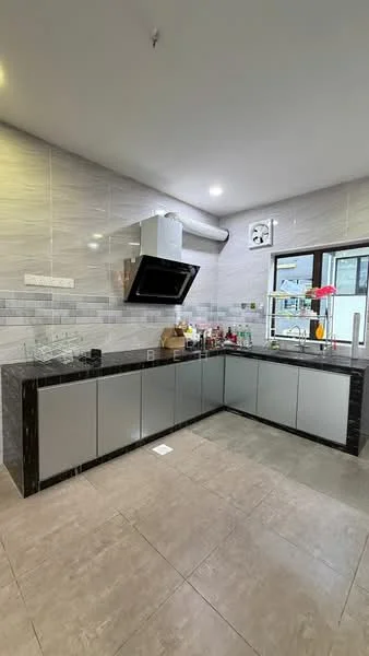 Kitchen features: grey cabinetry with flat-panel doors, black countertop, stainless-steel range hood, built-in oven, gas hob, double-bowl stainless-steel sink, window with view to outside, wall-mounted kitchen accessories, tile backsplash with grey and white pattern, recessed lighting, ceramic tile flooring, open shelving, decorative flower vase; style: modern.