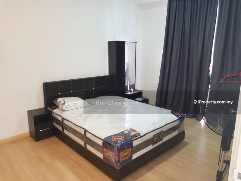 Bedroom features: queen-size bed, upholstered headboard, black bedside tables, mirror on dresser, black dresser, floor-to-ceiling curtains, laminate flooring, wall-mounted fan; style: modern.
