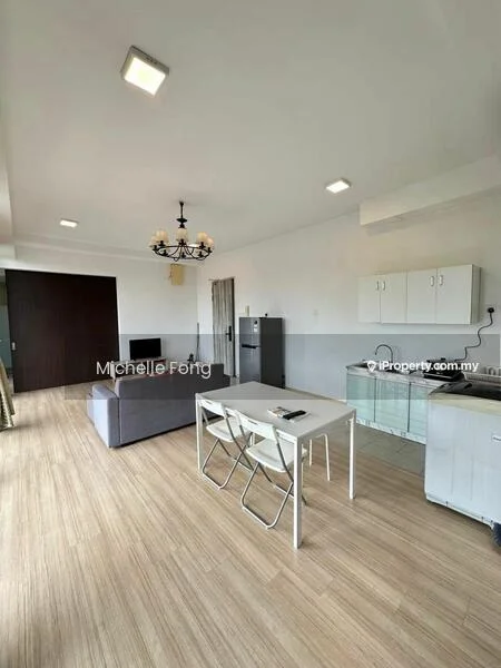 Living features: laminate flooring, white painted walls, recessed downlights, chandelier, 3-seater fabric sofa in grey, dining table for 4 with white finish, 4 white folding chairs, stainless-steel fridge, kitchenette with sink, countertop with cabinets below; style: modern.
