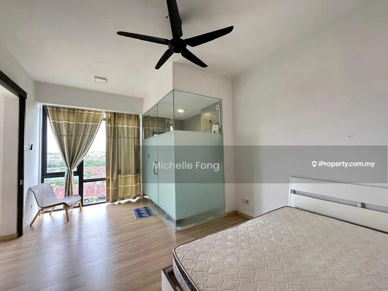 Bedroom features: wooden flooring, floor-to-ceiling windows, sheer curtains, 5-blade ceiling fan, glass shower enclosure, unfurnished bed frame, decorative wall, city view; style: modern; view: city.