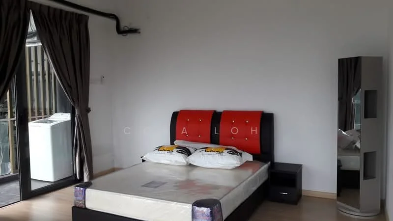 Bedroom features: queen-size bed, upholstered headboard in red, two decorative pillows, nightstand, floor-to-ceiling windows, sliding glass door, curtains, mirror, wooden flooring, white painted walls; style: modern.