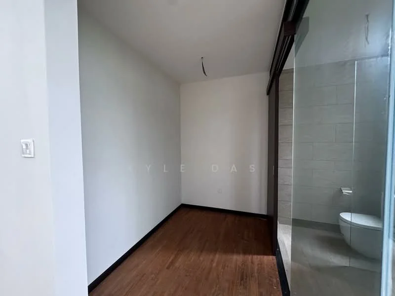 Room features: white painted walls, wooden flooring, glass panel wall, visible bathroom fixtures, neutral color scheme, minimalist design, no visible furniture, single ceiling light fixture; style: modern.