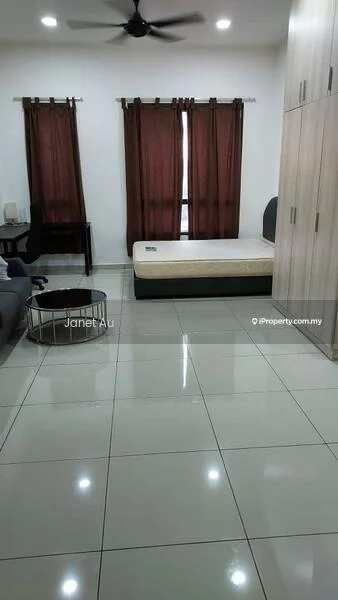 Bedroom features: grey fabric sofa, black coffee table, queen-size bed frame without mattress, white walls, glossy tile flooring, 2 brown curtains, ceiling fan, desk with chair; style: modern.