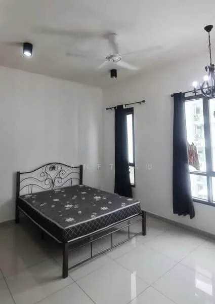 Bedroom features: queen-size bed, black metal bed frame, white painted walls, ceiling fan, recessed downlights, two windows with black curtains, tile flooring, chandelier; style: modern.