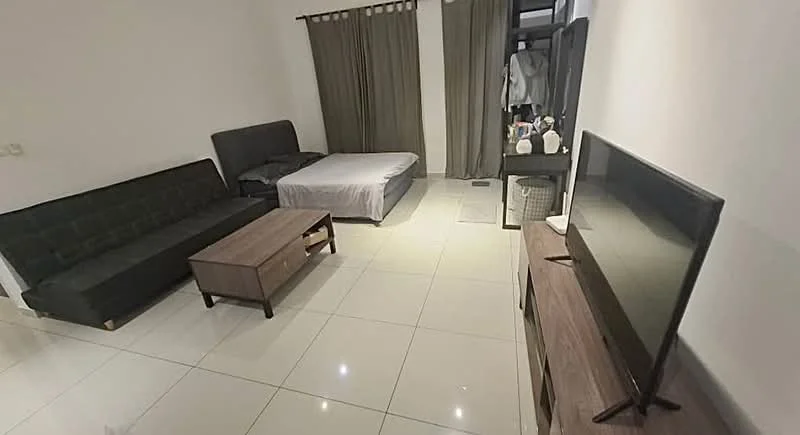 Living features: black fabric sofa, wooden coffee table, TV console, wall-mounted TV, grey bed with mattress, floor-to-ceiling windows, curtains, glossy tile flooring, decorative items on console; style: modern.